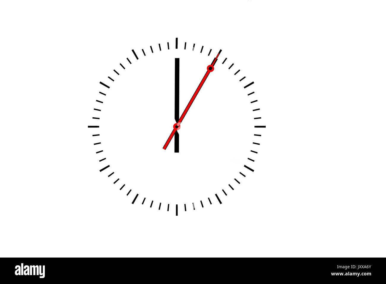 Clock, dial with a minute hand and a red second hand indicates 12 o'clock. Copy space against white background. Stock Photo
