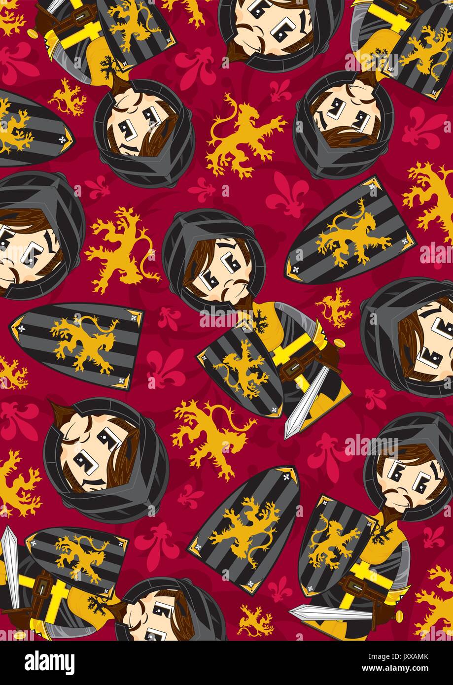 Cartoon Heraldic Medieval Crusader Knight with Sword and Shield Pattern Stock Vector
