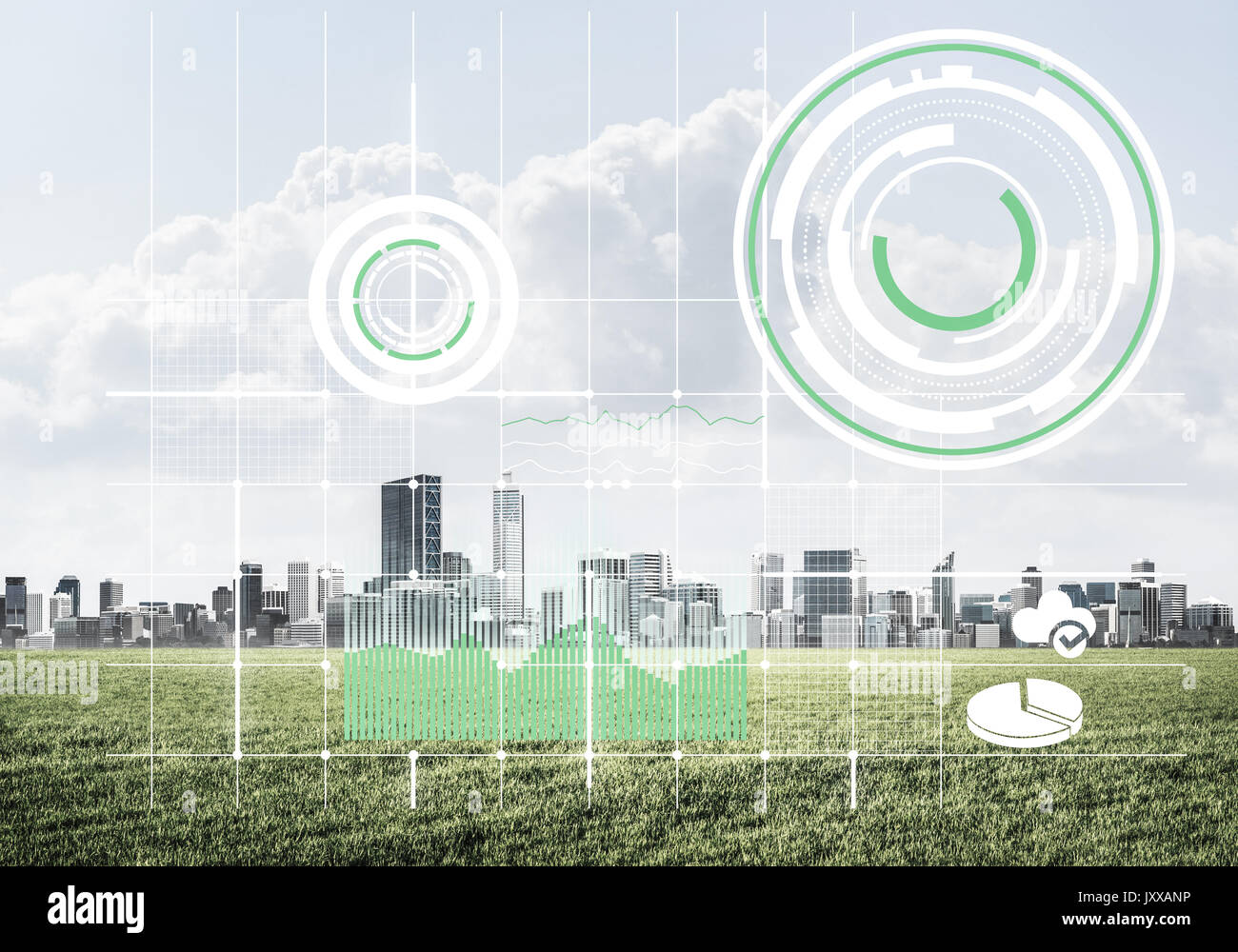 Natural background with modern cityscape green field and media i Stock