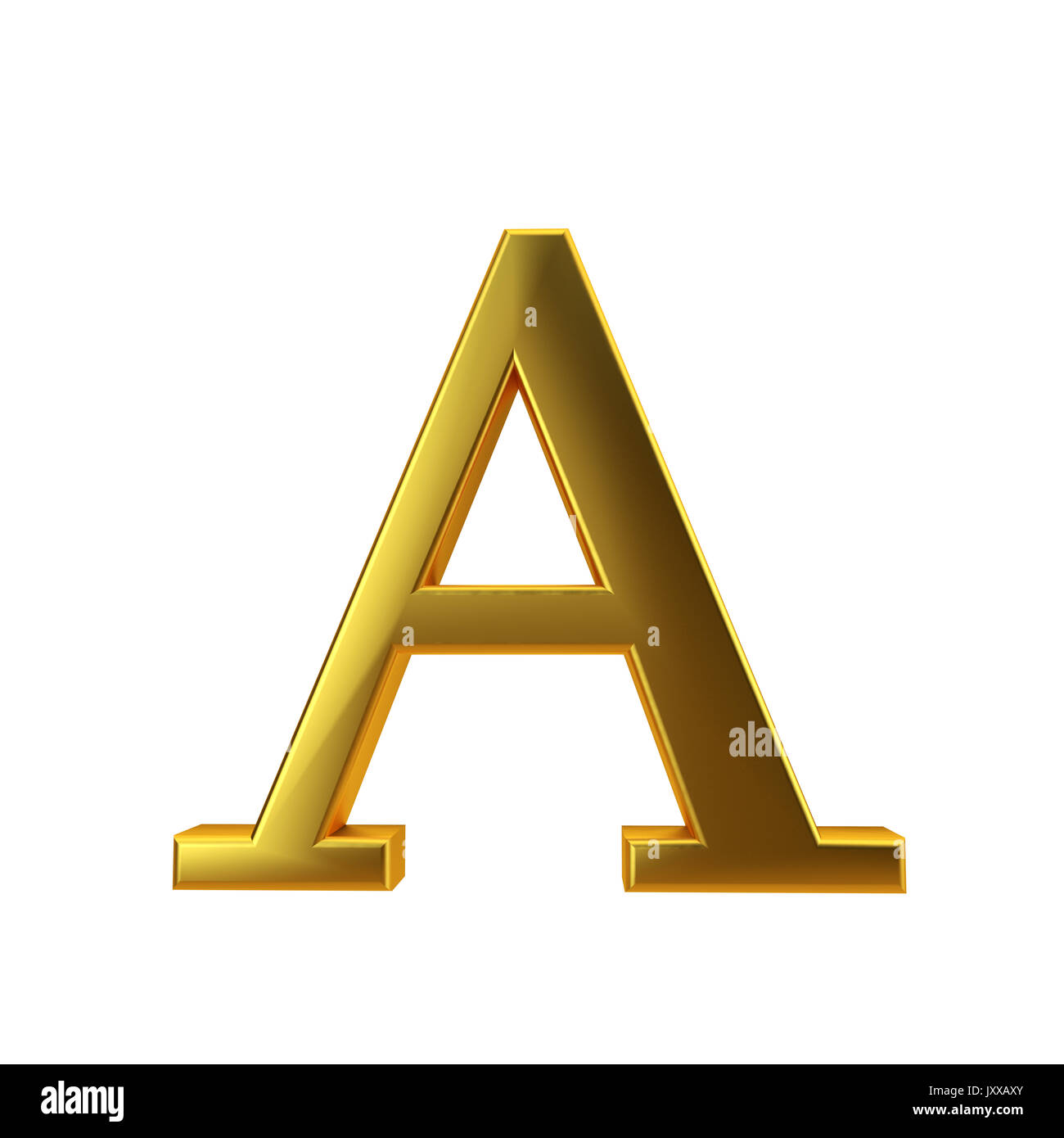 Shiny gold letter A on a plain white background. 3D Rendering Stock