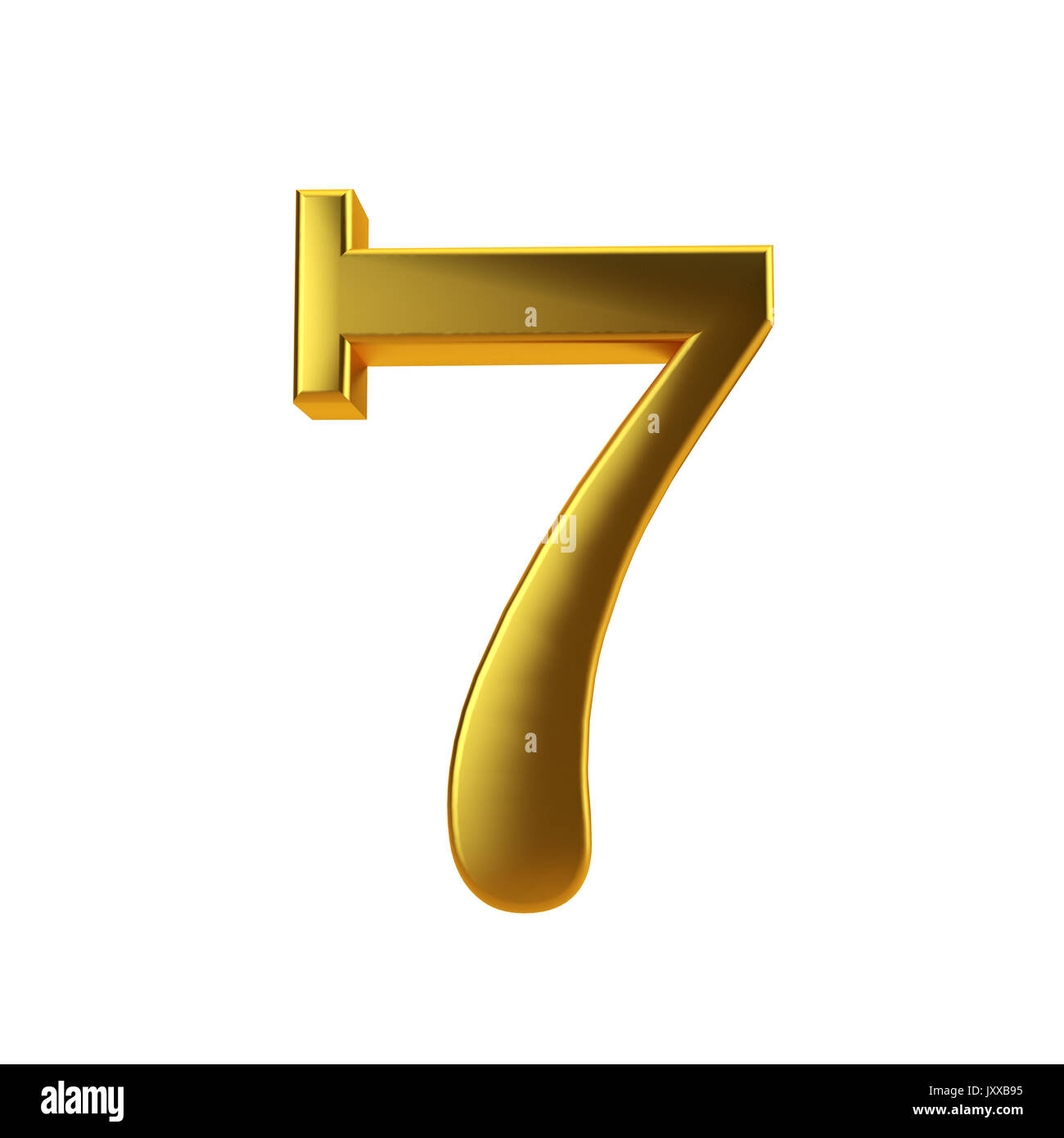 Shiny gold number 7 on a plain white background 3D Rendering Stock