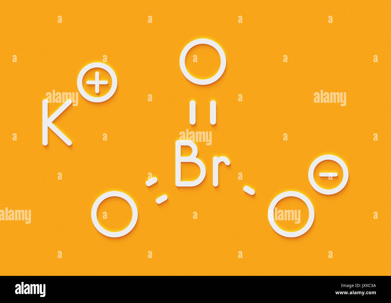 Potassium bromate (KBrO3, E924). Used as additive to flour in the baking of bread. Skeletal