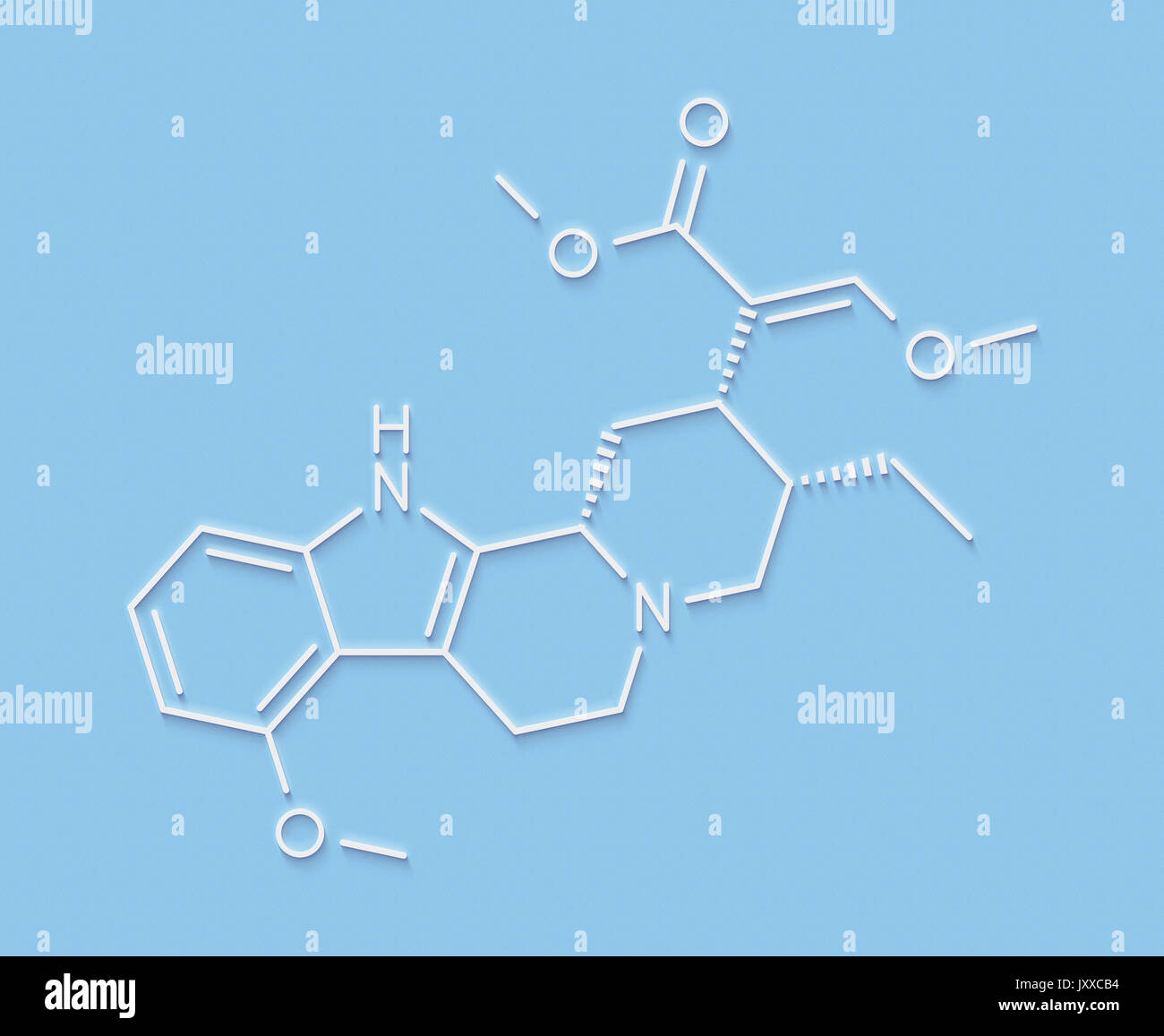 Mitragynine molecule. Herbal alkaloid present in kratom (ketum, Mitragyna speciosa). Skeletal formula. Stock Photo