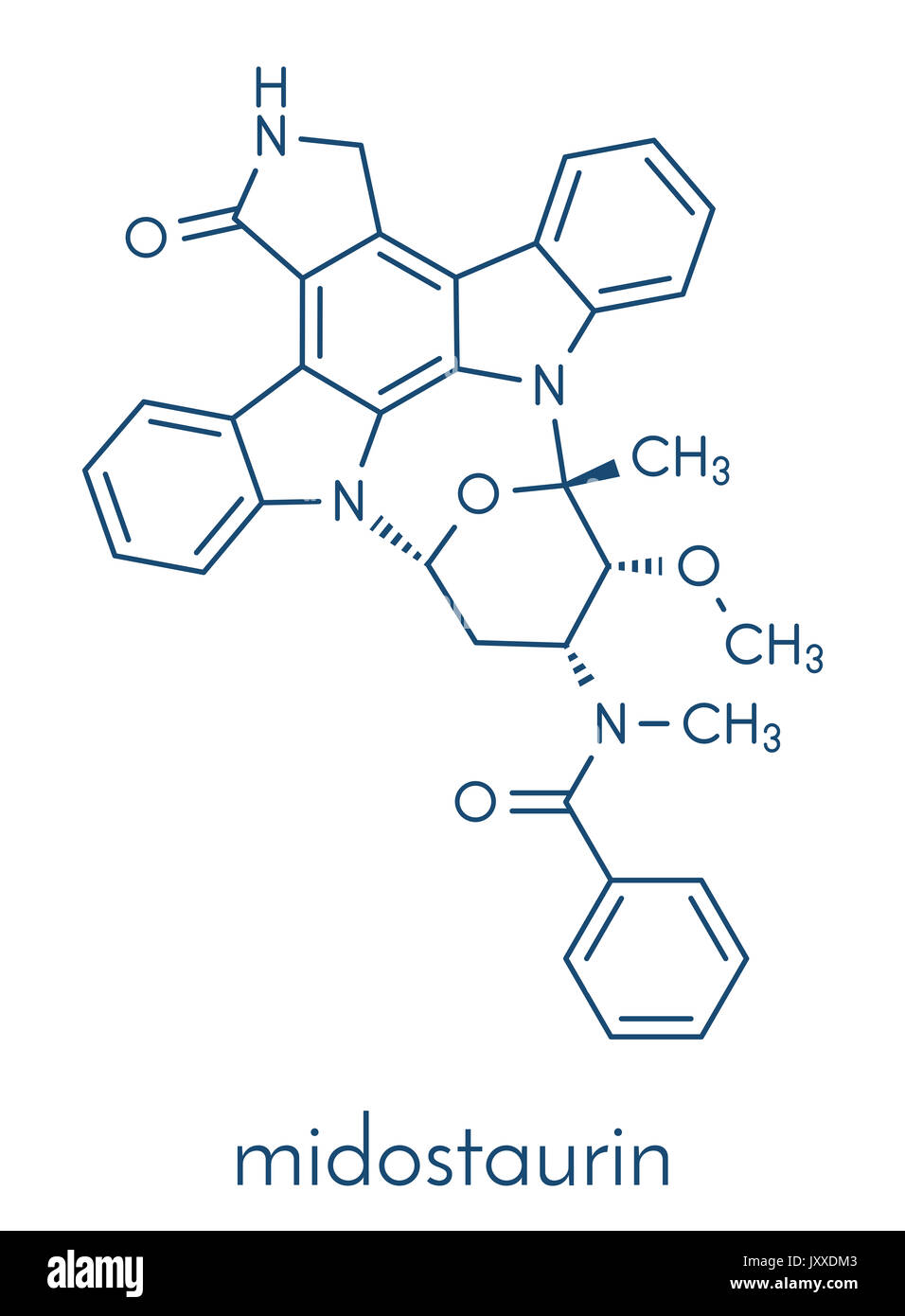 Midostaurin cancer drug molecule (protein kinase inhibitor). Skeletal