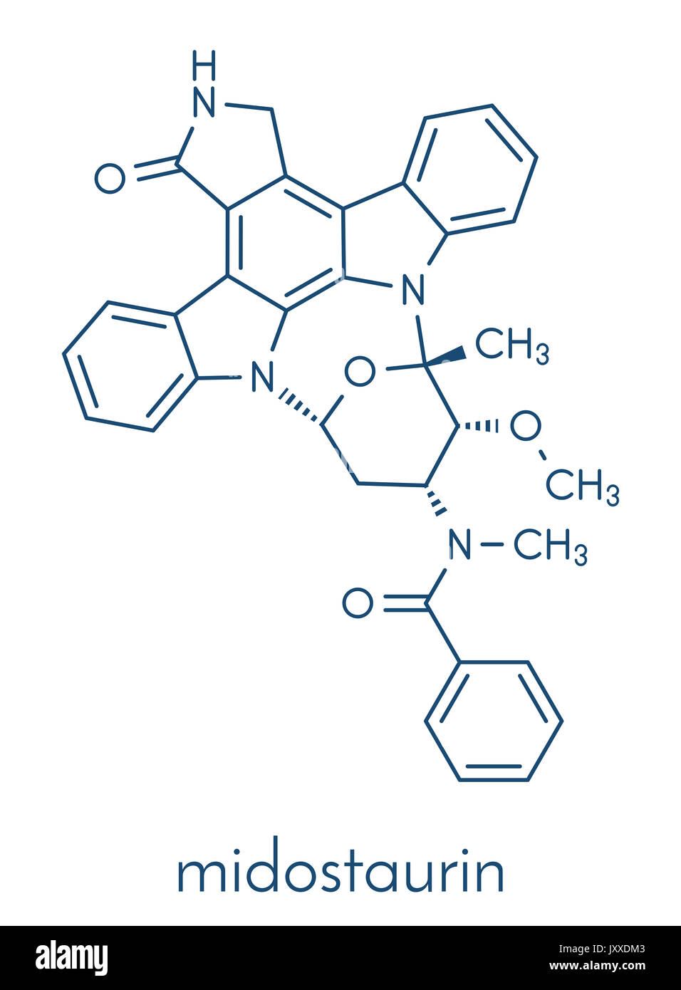 Midostaurin cancer drug molecule (protein kinase inhibitor). Skeletal formula. Stock Photo