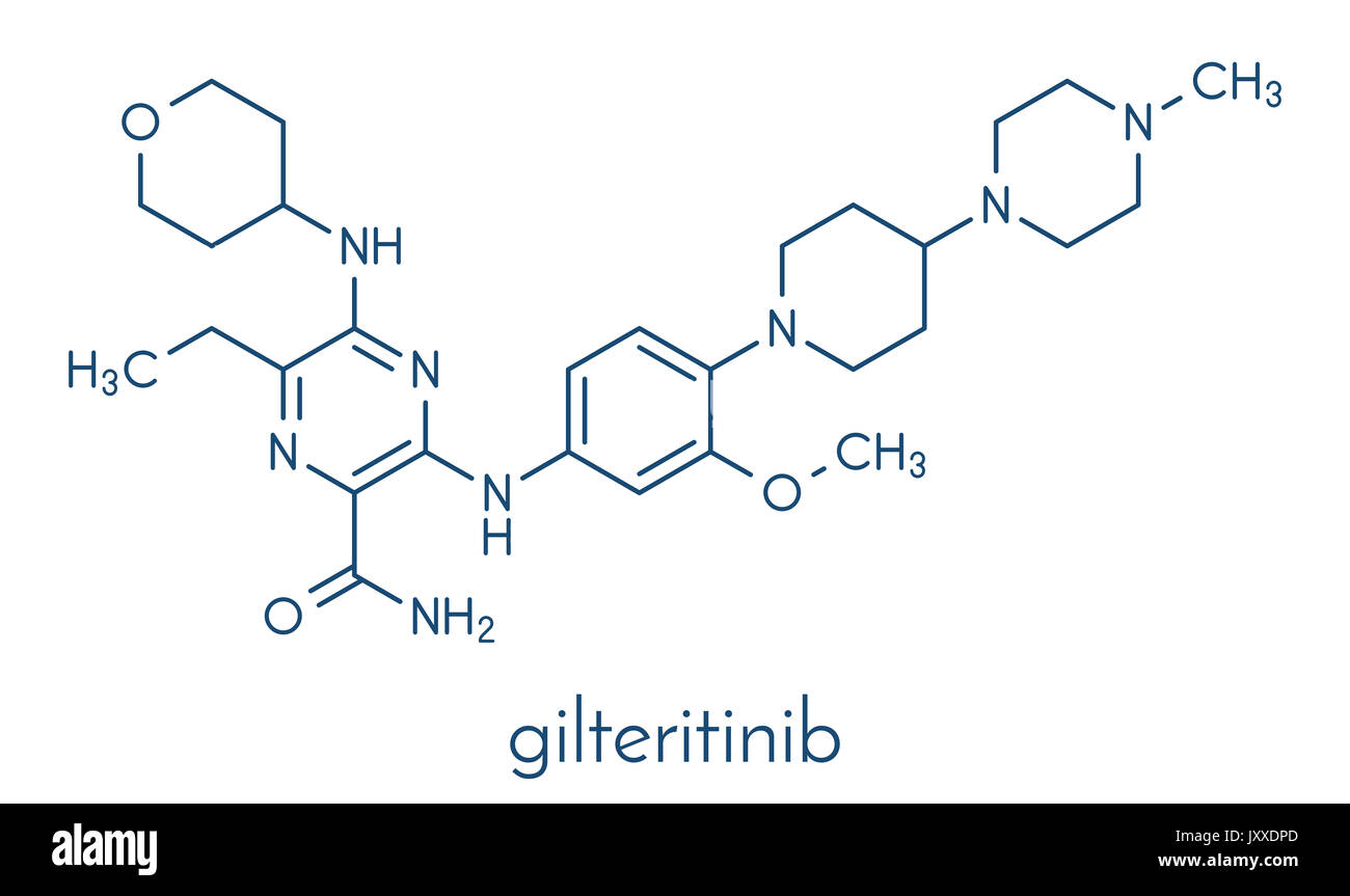 Gilteritinib cancer drug molecule (kinase inhibitor). Skeletal formula. Stock Photo