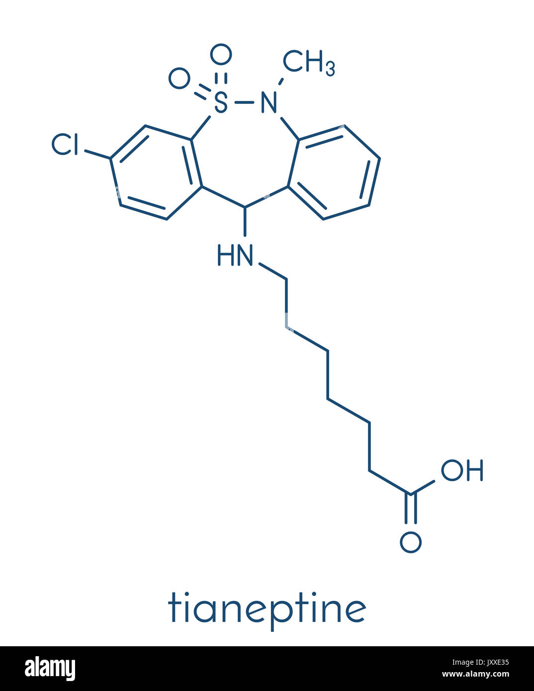 Tianeptine antidepressant drug molecule. Skeletal formula. Stock Photo