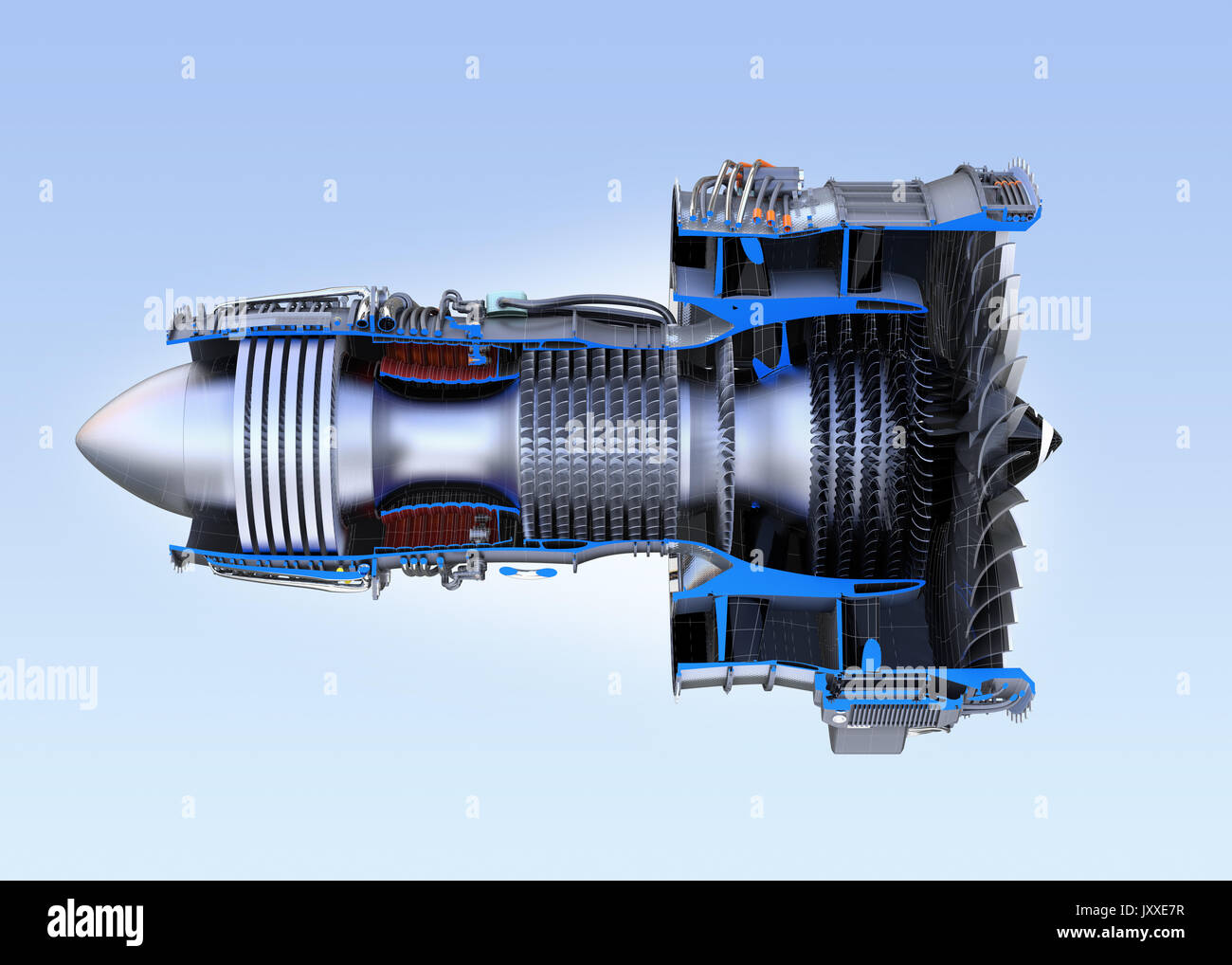 Turbofan jet engine's cross section frame isolated on blue background. 3D rendering image. Stock Photo