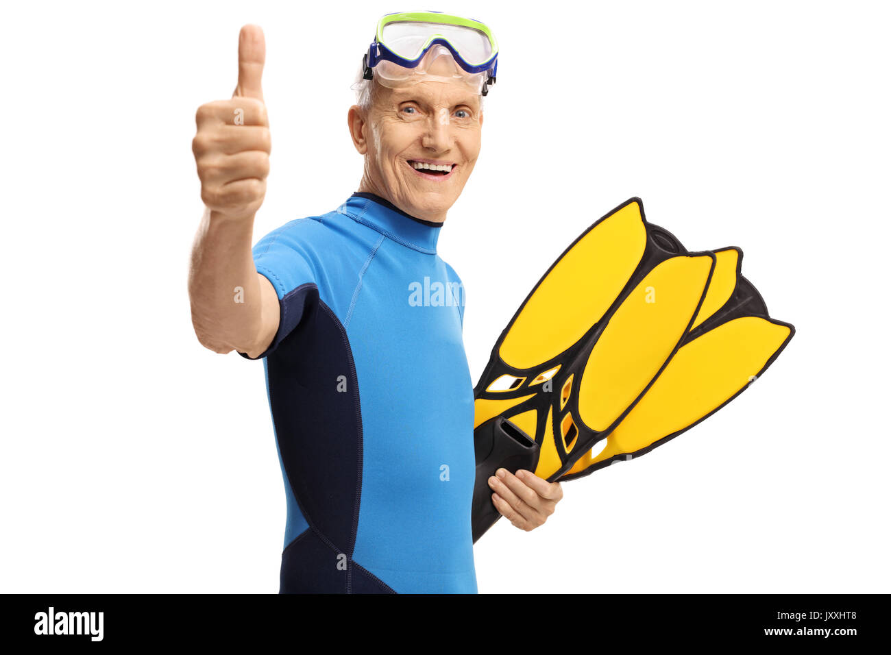 Senior with snorkeling equipment making a thumb up gesture isolated on white background Stock Photo