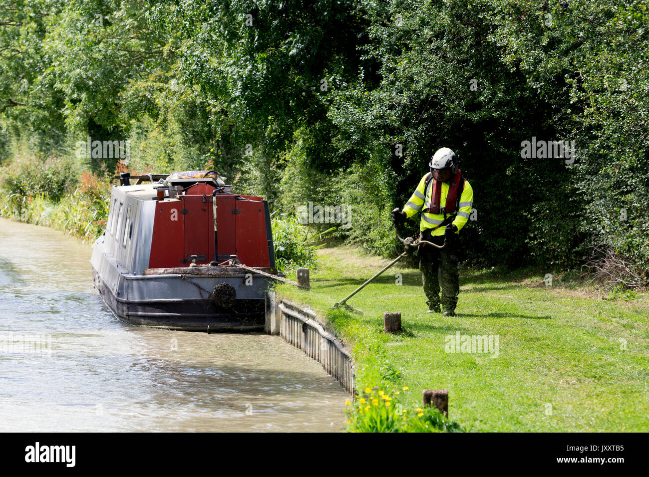 A man strimming on the towpath of the Oxford Canal, Marston Doles, Warwickshire, England, UK Stock Photo
