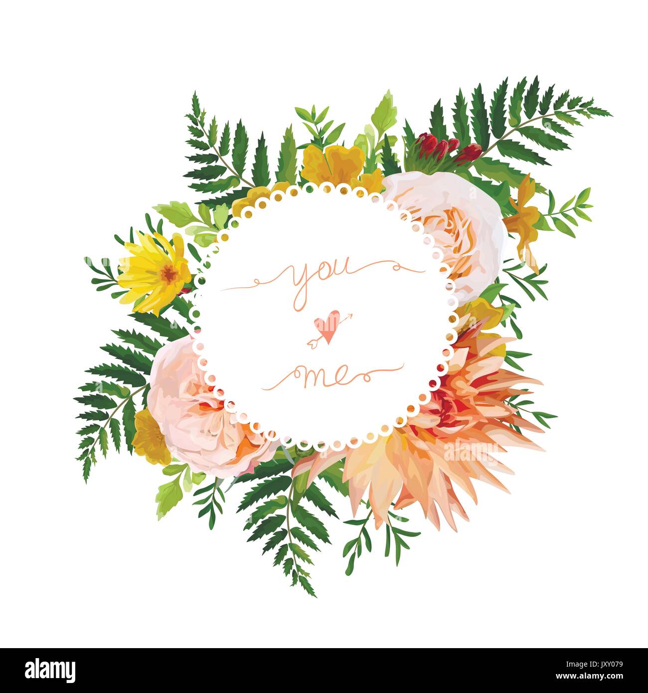 Flower airy wreath bouquet of pink garden Rose, yellow calendula, Primrose orange Dahlia flowers forest fern green leaves greenery. Wedding trendy vec Stock Vector