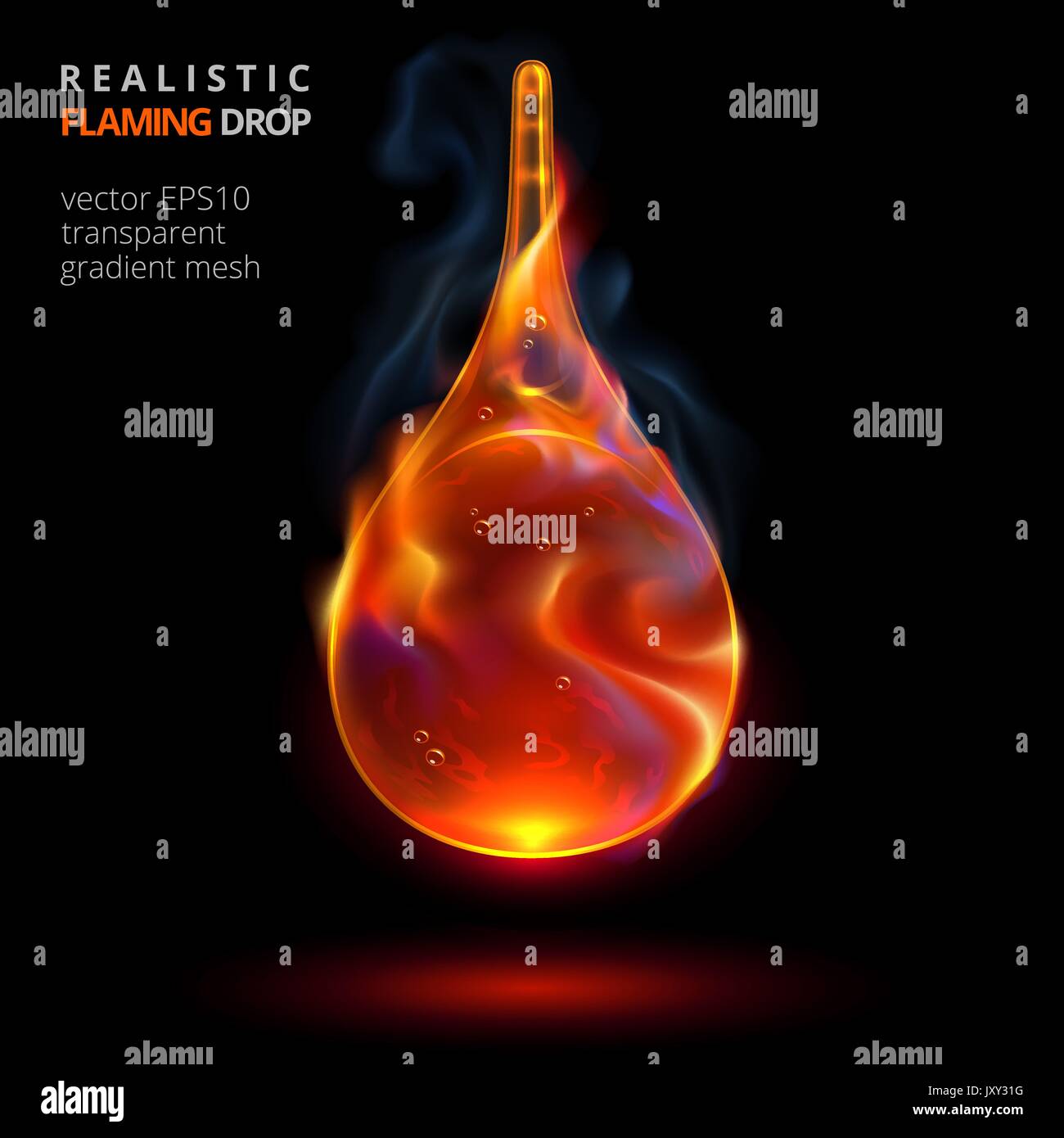 Falling drop of fire on a black background. Vector realistic 3d droplet of combustible liquid with flame and smoke. Closeup red hot flammable drip. Stock Vector