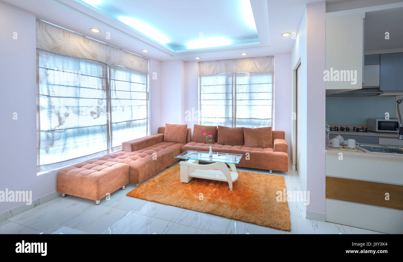View of Modern living room in luxury apartments with airy, clean amenities ...