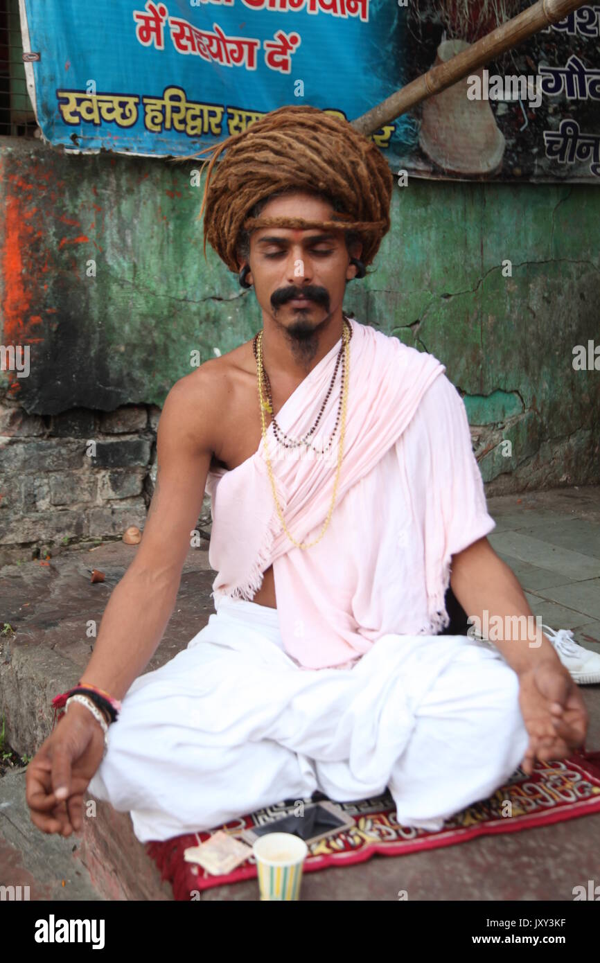 Long Hair Baba, Hindu Swami, A sadhu holy man, Sadu, Hindu Priest, Swami, Babba, Sanskrit sadhu, Varanasi, Haridwar, Rishikesh, (© Saji Maramon) Stock Photo