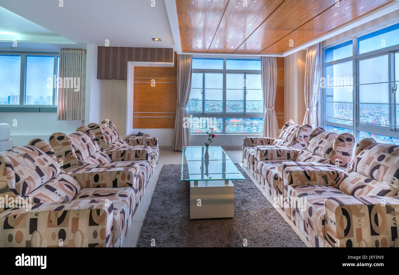 View of Modern living room in luxury apartments with airy, clean amenities ...