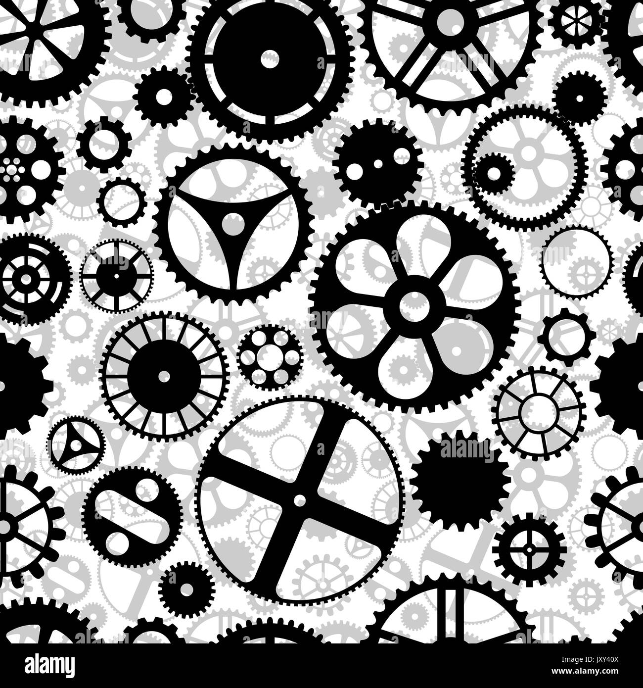 Repeating gear wheels silhouette background. Vector wallpaper that repeats left, right, up and down Stock Vector