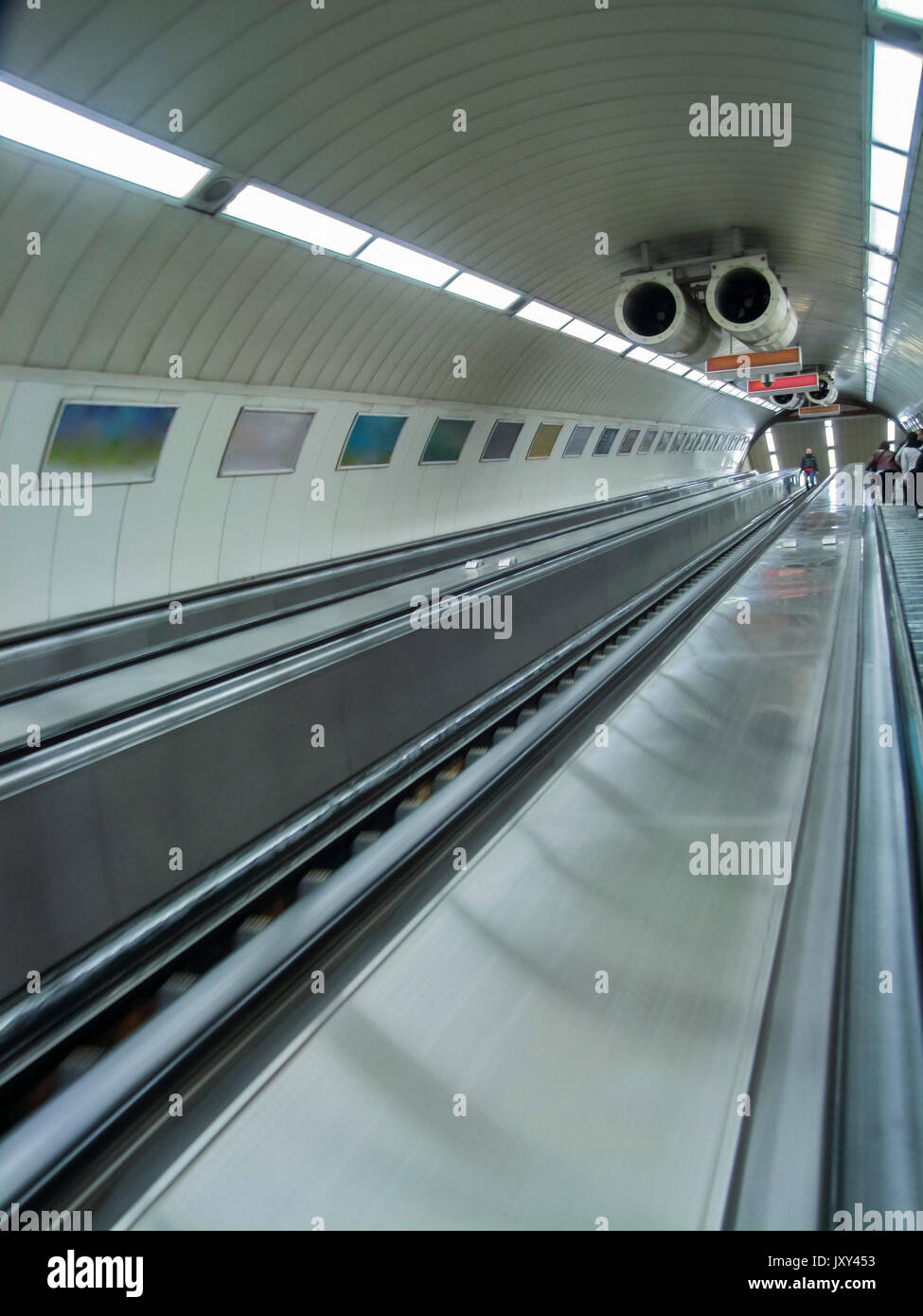 escalator scenery at a underground station in Budapest, the capital city of Hungary Stock Photo