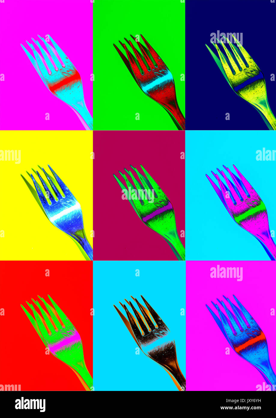 Colorful Forks on Bright Background in Pop Art Style Stock Photo