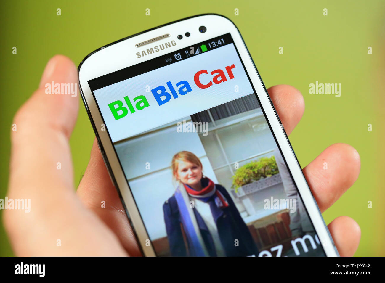 BlaBlaCar App on a smartphone, long distance carpooling service connecting drivers with empty seats to people travelling the same way Stock Photo