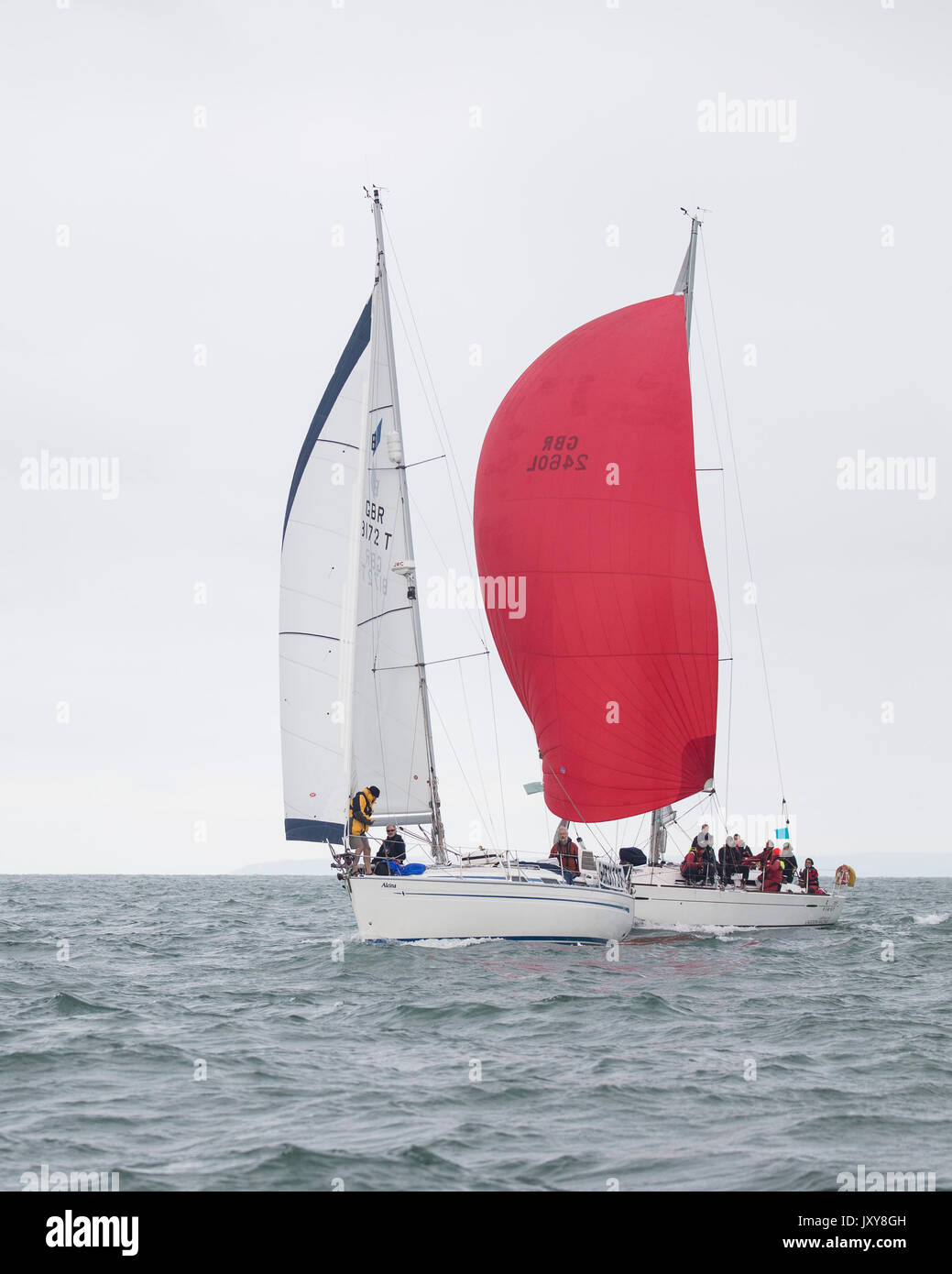 Beneteau First 35 GBR2460L under spinnaker in a close match with GBR1172T Alcina during the 2017 Round the Island Race Stock Photo