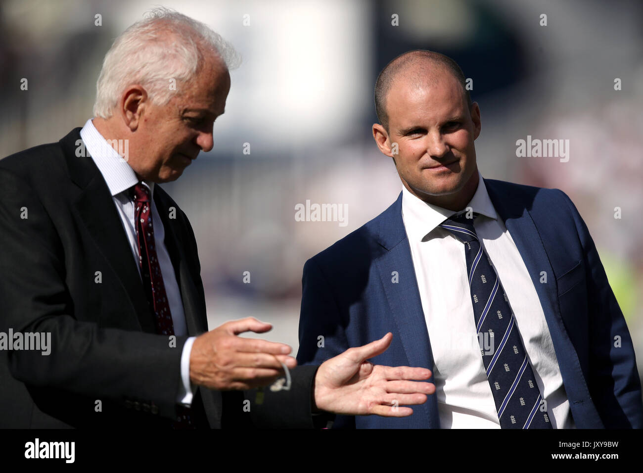 David Gower (left) and Andrew Strauss during day one of the First Investec Test match at Edgbaston, Birmingham. Stock Photo