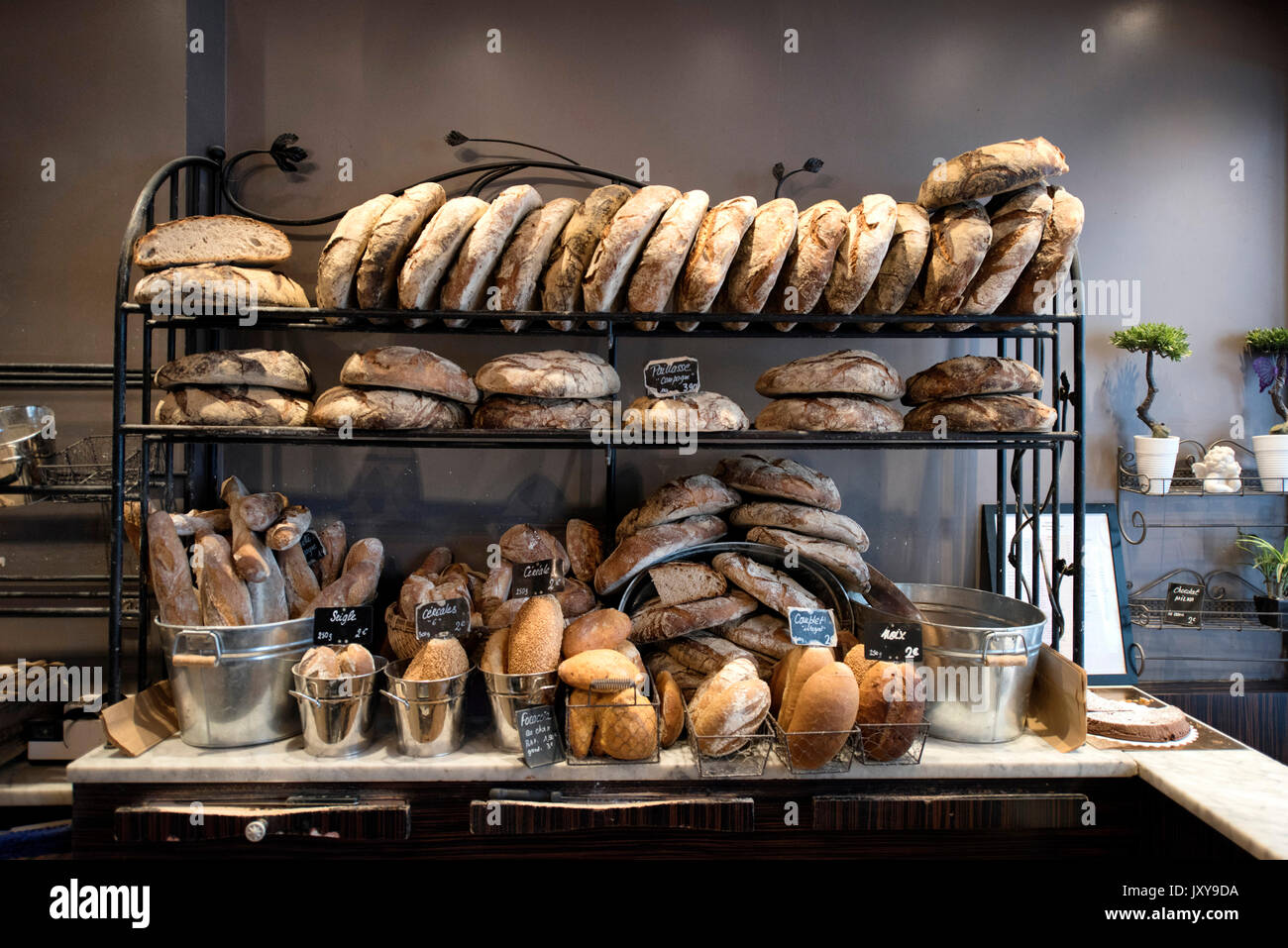 Breads in a bakery in Annecy (south-eastern France), baker's "Rouge ...