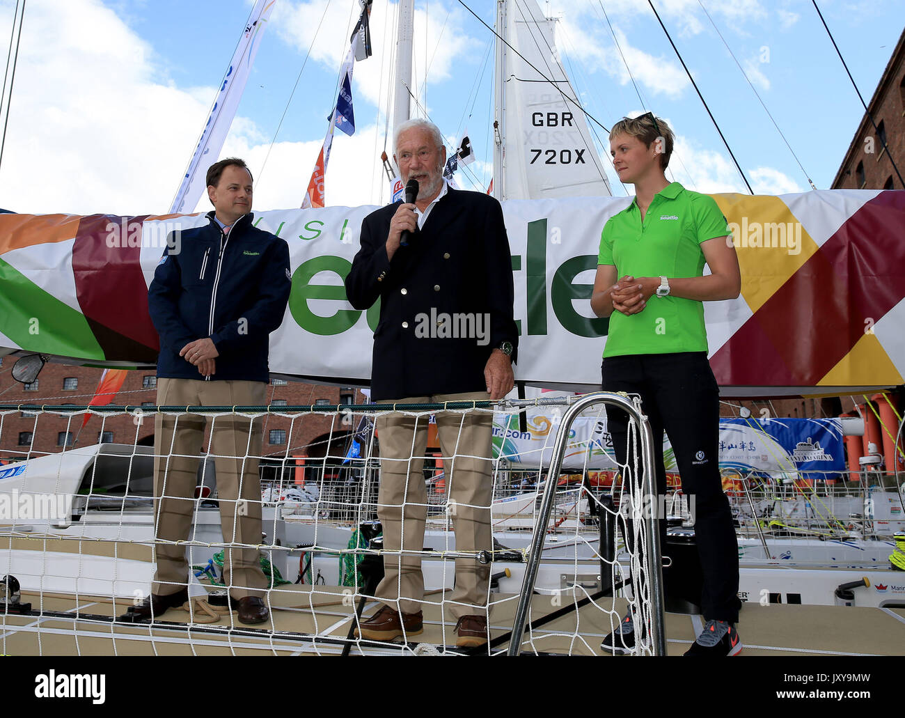 (left to right) Ralph Morton Executive Director at Seattle sports Commission, Sir Robin Knox-Johnston and Nikki Henderson skipper of Visit Seattle at Albert Docks, Liverpool ahead of this Sunday's start of the Clipper Round the World yacht race. PRESS ASSOCIATION Photo. Picture date: Thursday August 17, 2017. Photo credit should read: Clint Hughes/PA Wire Stock Photo