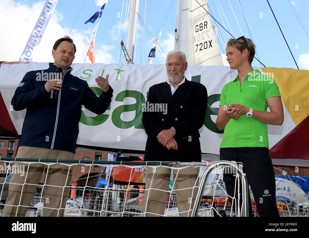 (left to right) Ralph Morton Executive Director at Seattle Sports Commission, Sir Robin Knox-Johnston and Nikki Henderson skipper of Visit Seattle at Albert Docks, Liverpool ahead of this Sunday's start of the Clipper Round the World yacht race. PRESS ASSOCIATION Photo. Picture date: Thursday August 17, 2017. Photo credit should read: Clint Hughes/PA Wire Stock Photo