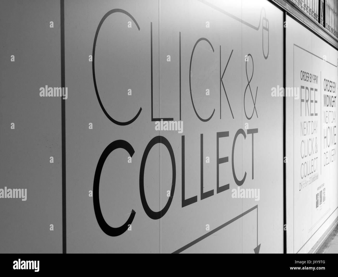 Debenhams Department Store click and collect sign on side wall of