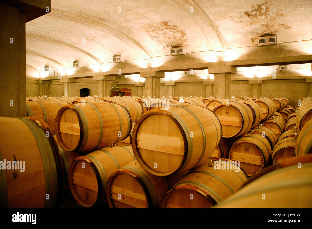 Chateau Yquem wine cellar in Sauternes. Rows of casks in the cellars of Chateau Yquem Stock