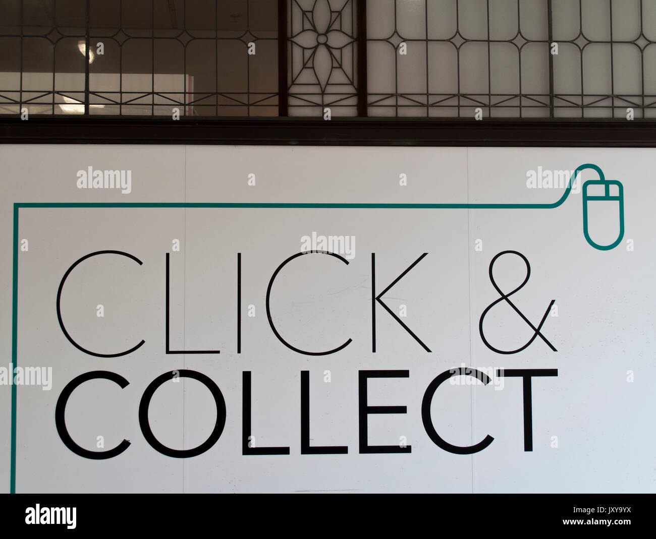 Debenhams Department Store click and collect sign on side wall of