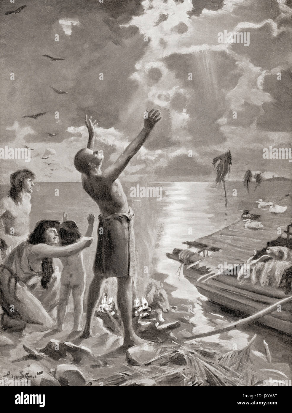 Zingiddu's sacrifice after the flood.  The priest-king Zingiddu, after being divinely warned of the approach of a flood, escaped in his boat with family and animals and when after 7 days the rain stopped, sacrificed an ox and a sheep to Enlil, the chief Sumerian deity.  After the painting by Allan Stewart, (1865-1951).  From Hutchinson's History of the Nations, published 1915. Stock Photo