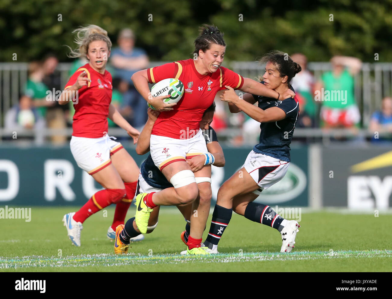 Wales' Sioned Harries and Hong Kong's Rose Hopewell Fong ng the 2017 Women's Rugby World Cup, Pool A match at UCD Bowl, Dublin. Stock Photo
