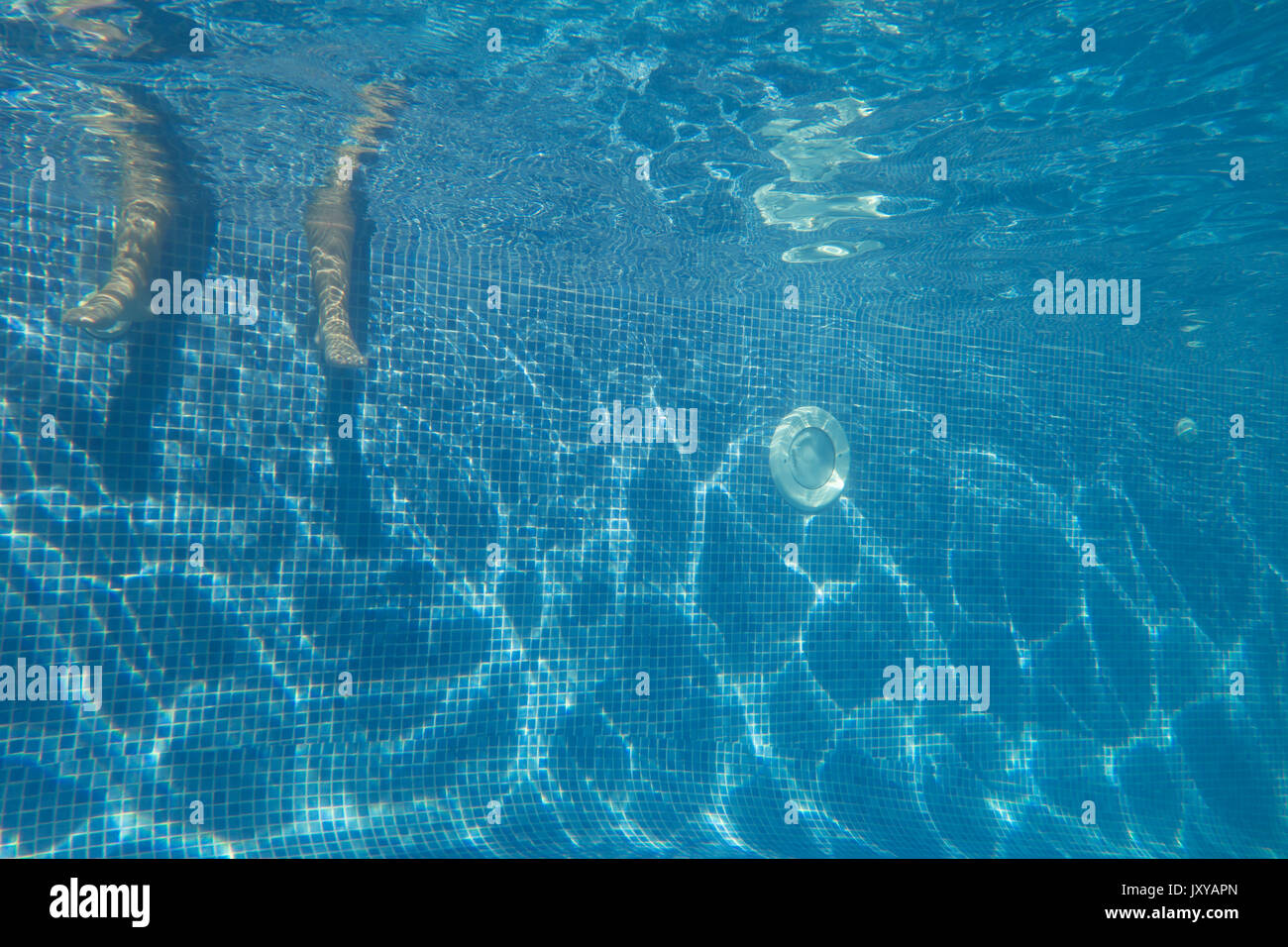 Swimming pool underwater, with human legs Stock Photo