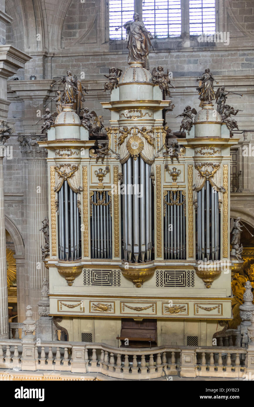 Jaen, Spain - may 2016, 2: Organ of the Cathedral of Jaen, created by created by Fray Jayme of Begoños in the year 1705, Jaen, Andalusia, Spain Stock Photo
