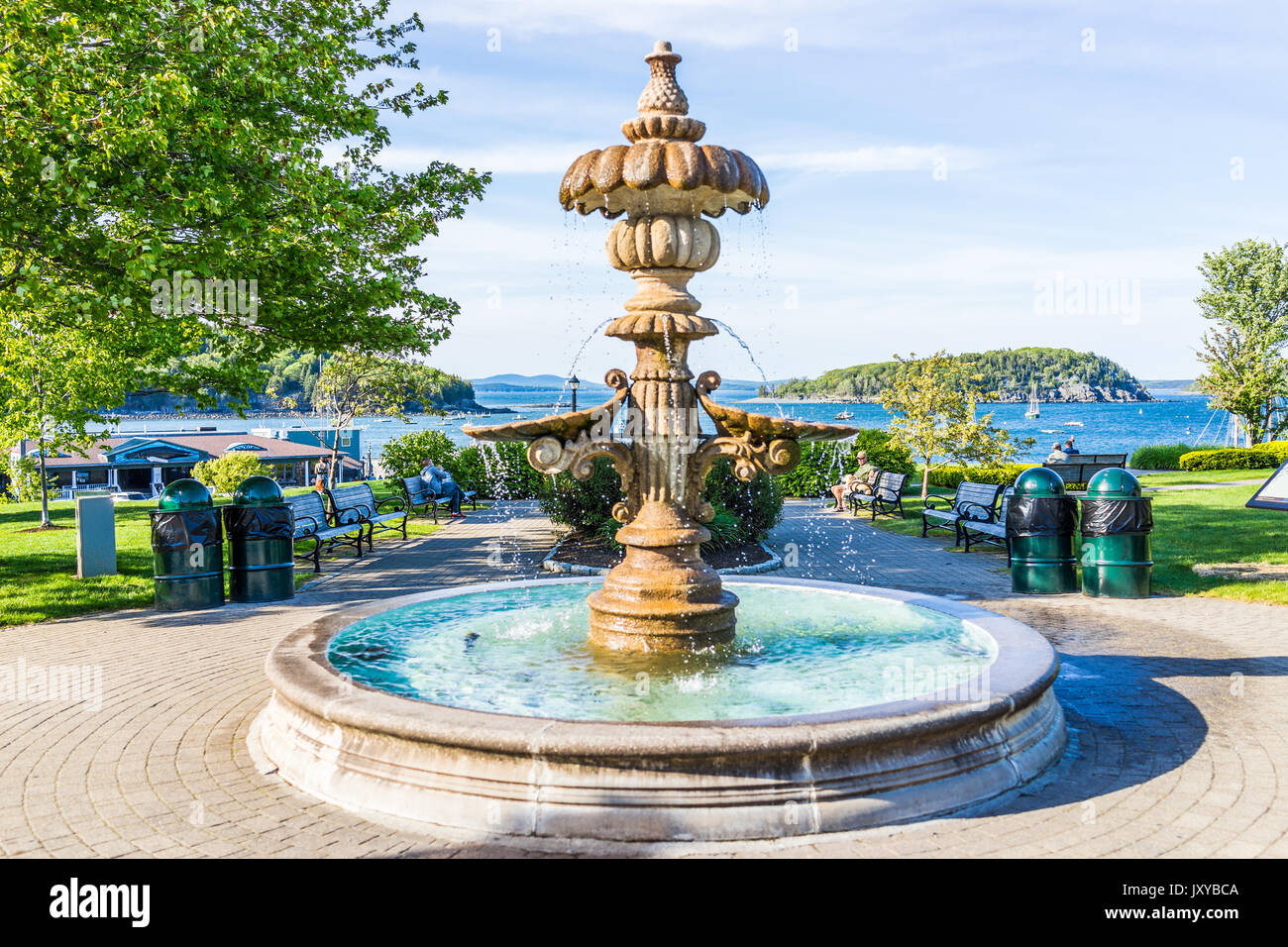 Bar Harbor, USA June 8, 2017 Splashing water fountain in downtown