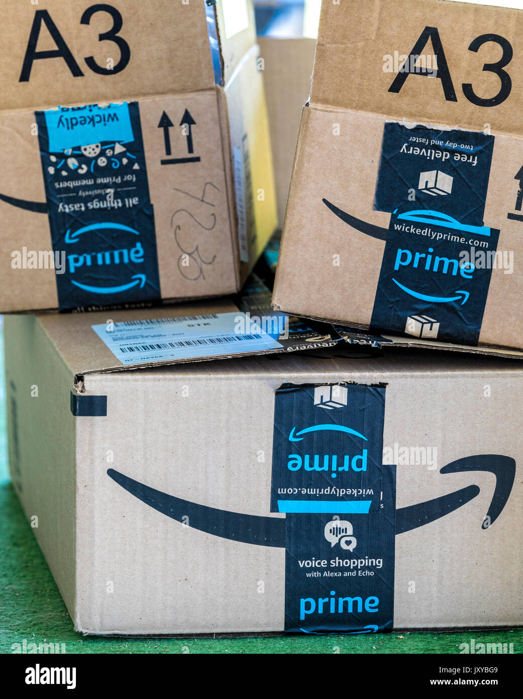 Opened Amazon Prime boxes on a front porch Stock Photo Alamy