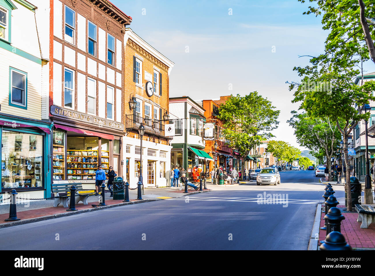 Bar Harbor, USA - June 8, 2017: Empty main street in downtown village in summer with people and stores Stock Photo