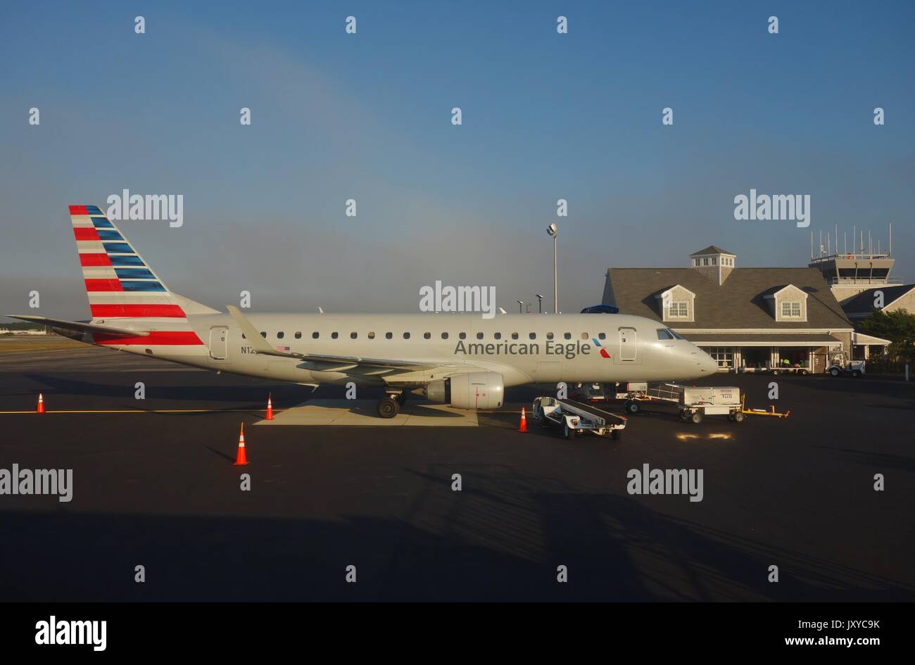 View of the Nantucket memorial Airport (ACK), a small airport on the island of Nantucket off Cape Cod in Massachusetts Stock Photo