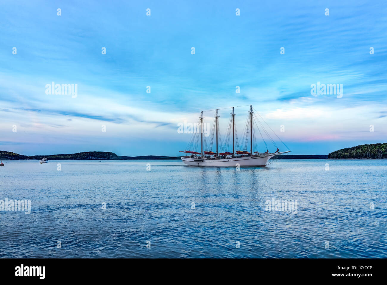 Bar Harbor, USA June 8, 2017 Sunset in Bar Harbor, Maine village with Margaret Todd