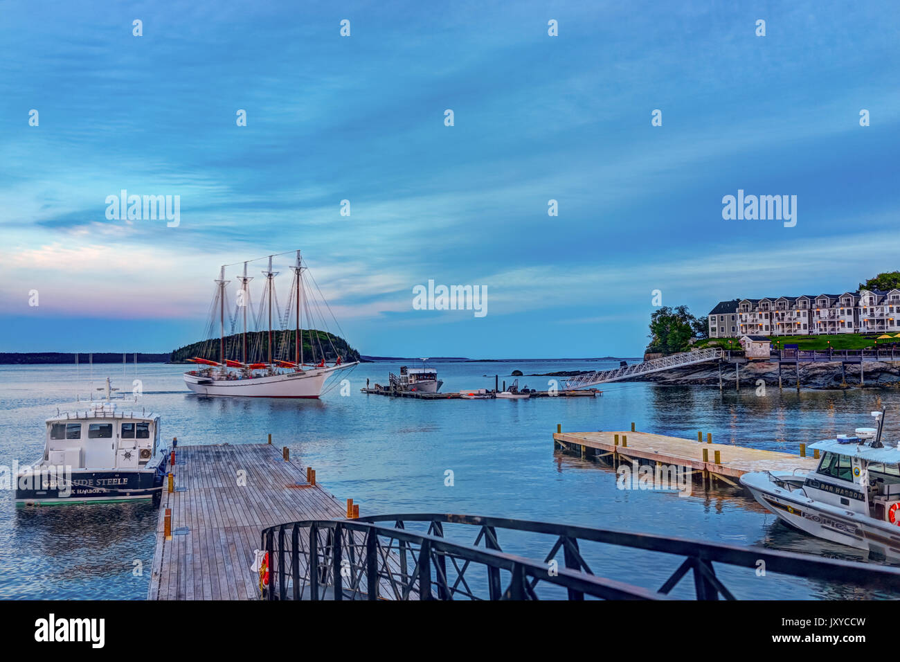 Bar Harbor, USA June 8, 2017 Sunset in Bar Harbor, Maine village with Margaret Todd