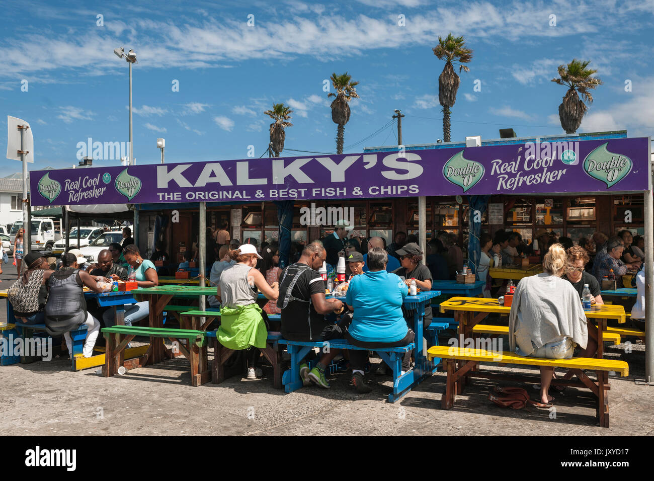 Kalky's fish & chip restaurant in Kalk Bay harbour, Cape Town, South Africa. Stock Photo