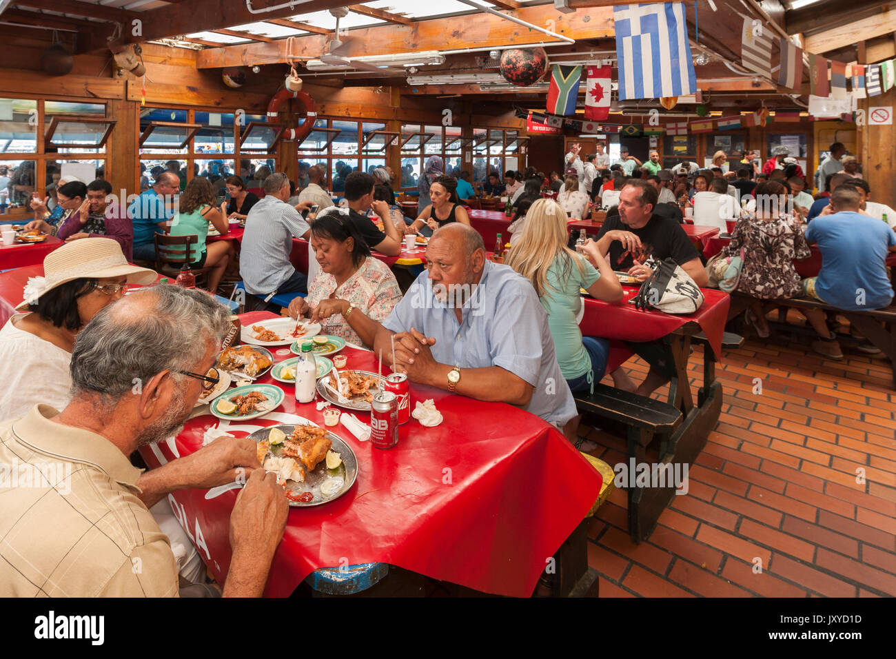 Interior of Kalky's fish & chip restaurant in Kalk Bay harbour, Cape Town, South Africa. Stock Photo