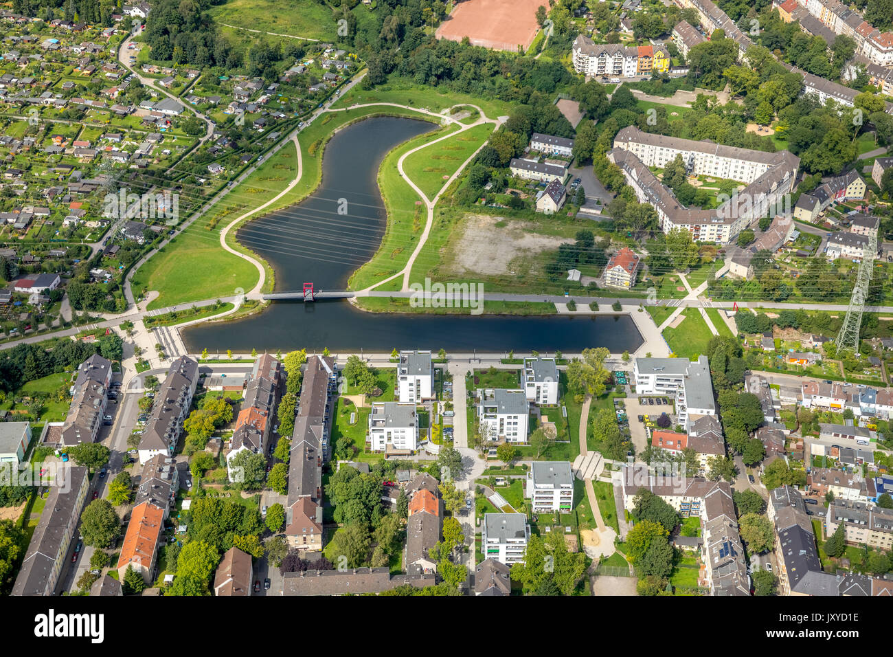 Niederfeldsee, town lake, Niedernfeld lake, district of Essen, Essen, Ruhr, Nordrhein-Westfalen, Germany, Essen, Europe, Aerial View, Aerial, aerial p Stock Photo