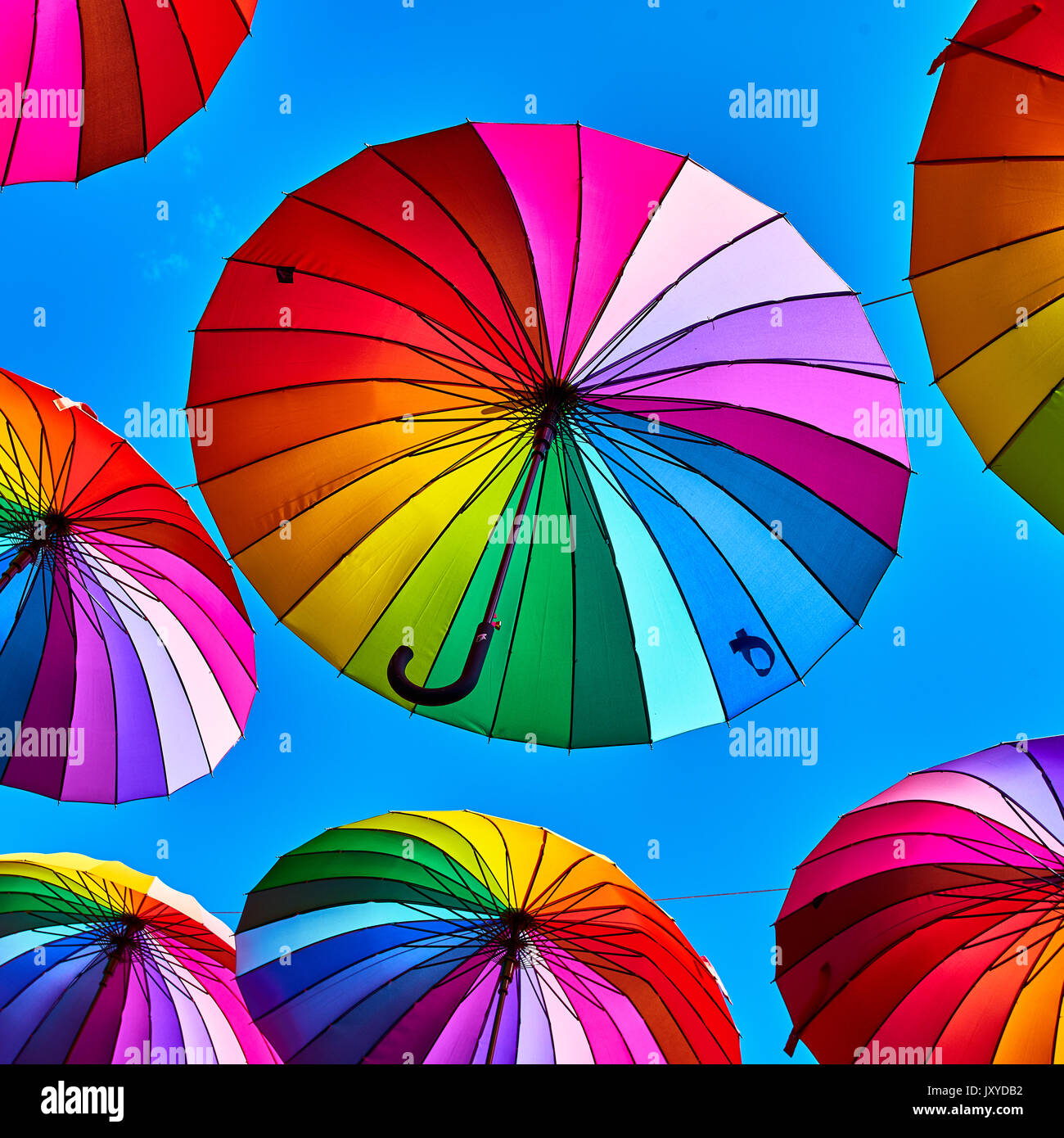 Multi-colored umbrellas background. Street decoration in Sochi, Adler, Russia Stock Photo