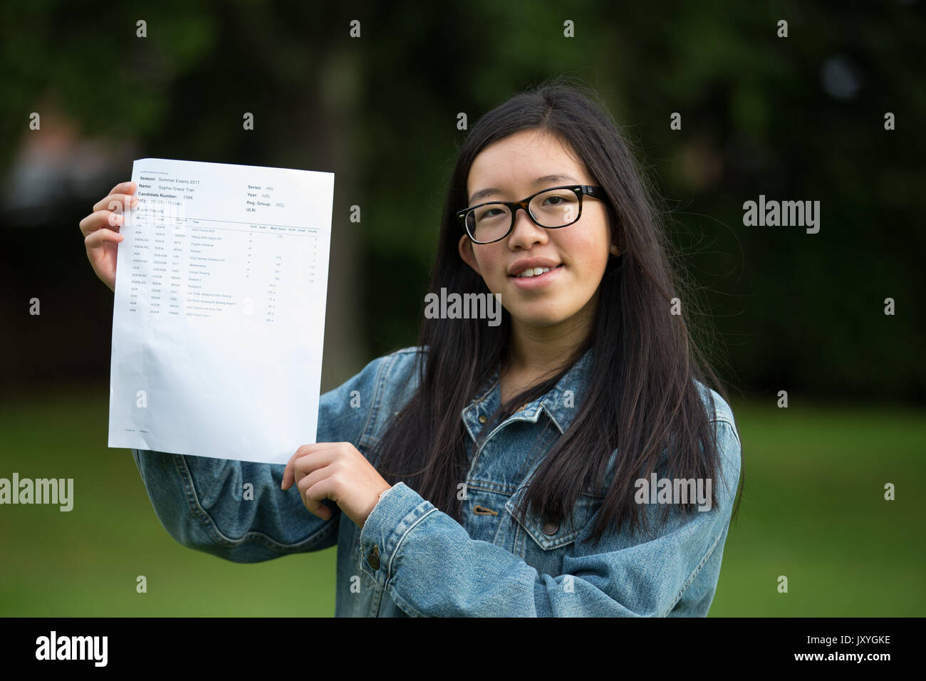 Sophie Grace Tran, 3A and 1A*, who will be attending Oxford University, celebrates her A Level results from the King Edwards VI High School for Girls Edgbaston, Birmingham. Stock Photo