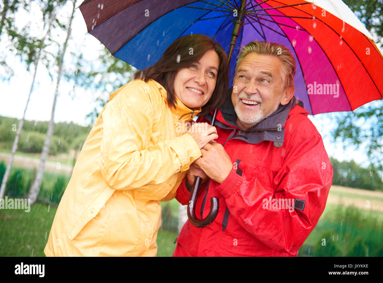 Senior couple sharing an umbrella in the rain Stock Photo - Alamy