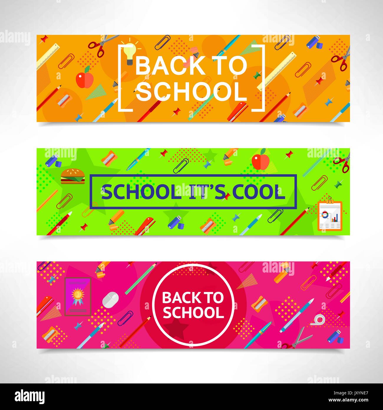Back to school vector horizontal banners set. Colorful abstract backgrounds with school object and supplies. Stock Vector