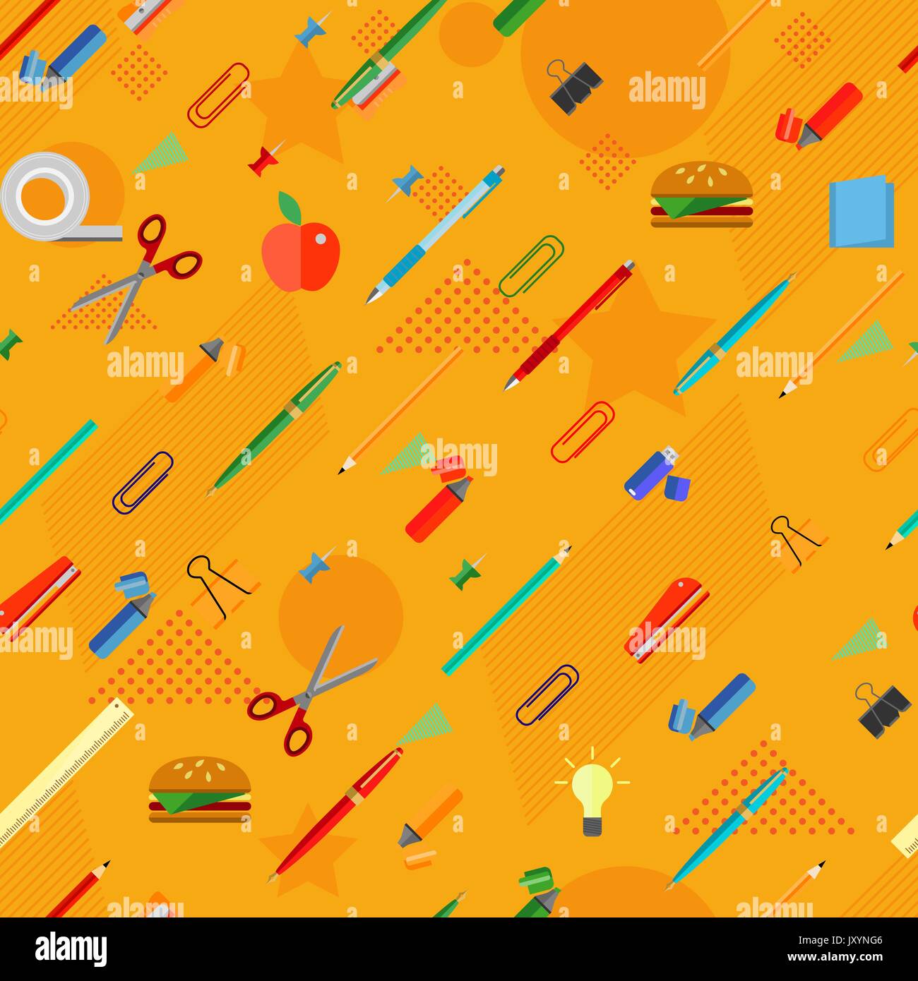 Seamless School Office Supplies orange Pattern. Vector Stock Vector