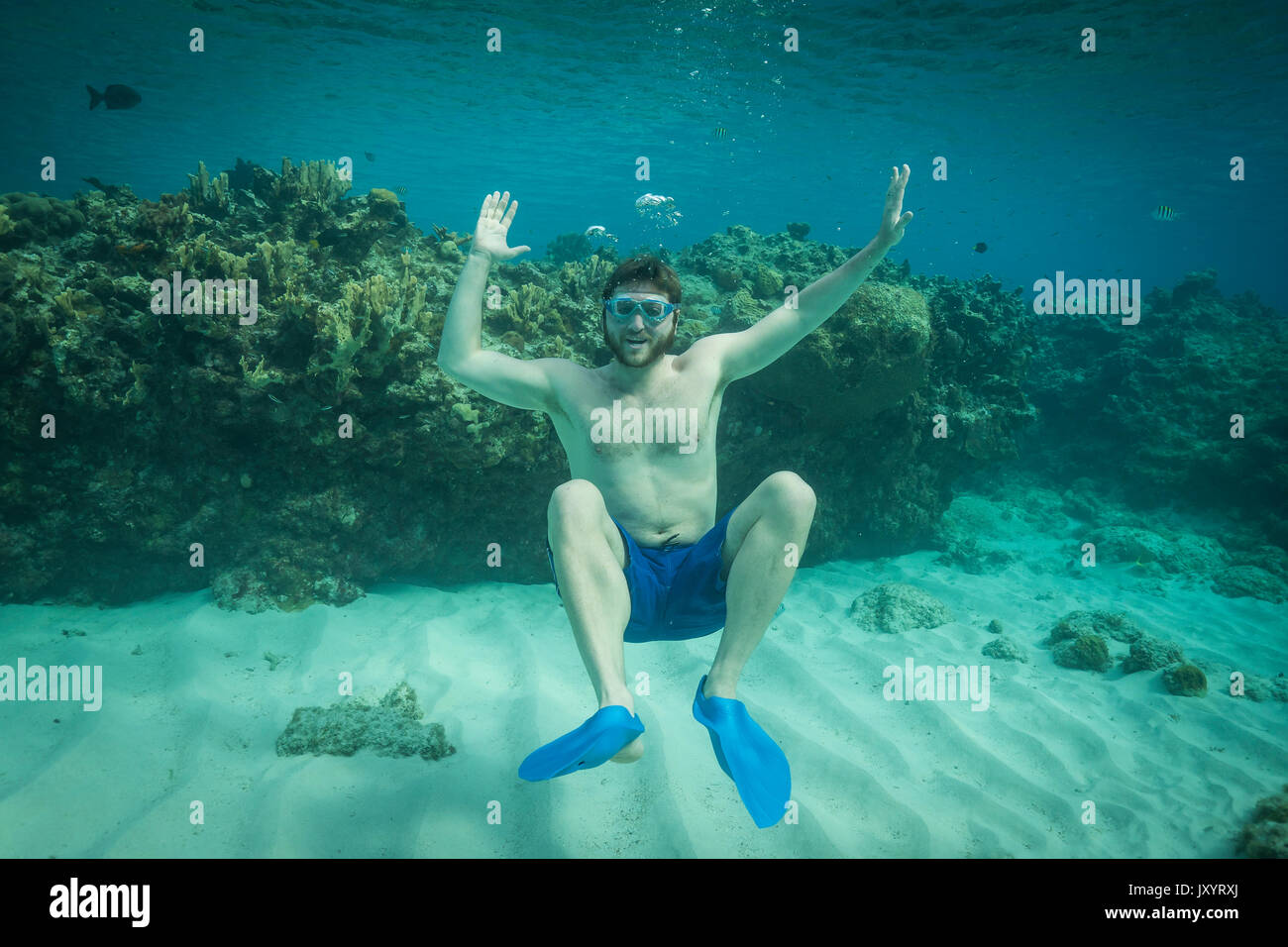 Portrait of smiling man swimming underwater in ocean Stock Photo